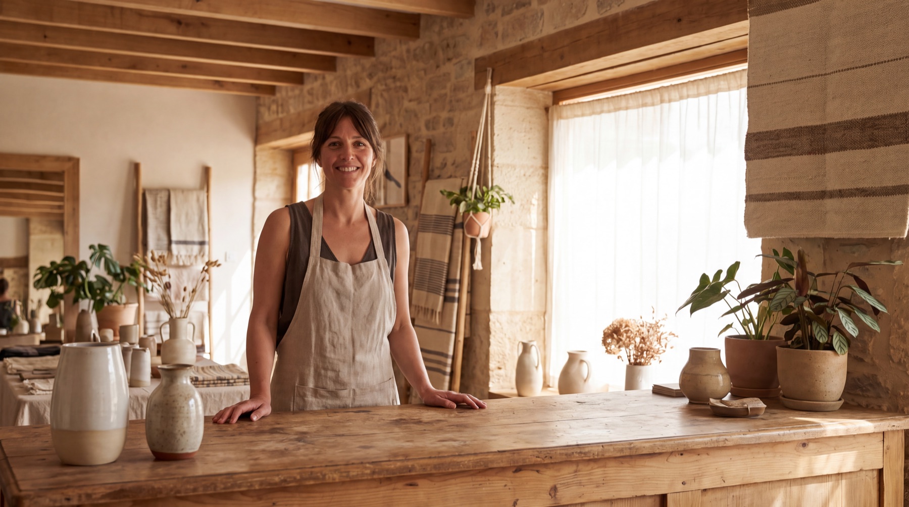 Illustrative business owner at a contemporary shop counter